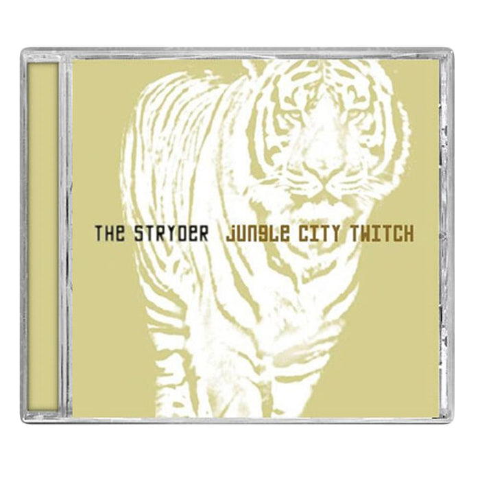 CD cover features a stylized pale yellow and white tiger illustration for The Stryder, embodying experimental trip-hop vibes, with “THE STRYDER JUNGLE CITY TWITCH” boldly centered in capital letters.