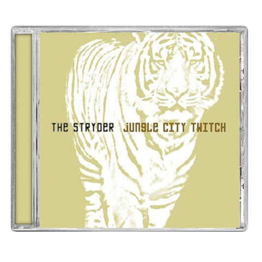 CD cover features a stylized pale yellow and white tiger illustration for The Stryder, embodying experimental trip-hop vibes, with “THE STRYDER JUNGLE CITY TWITCH” boldly centered in capital letters.