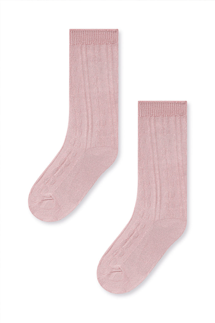 Knee high socks in cloud laying flat on a white background.