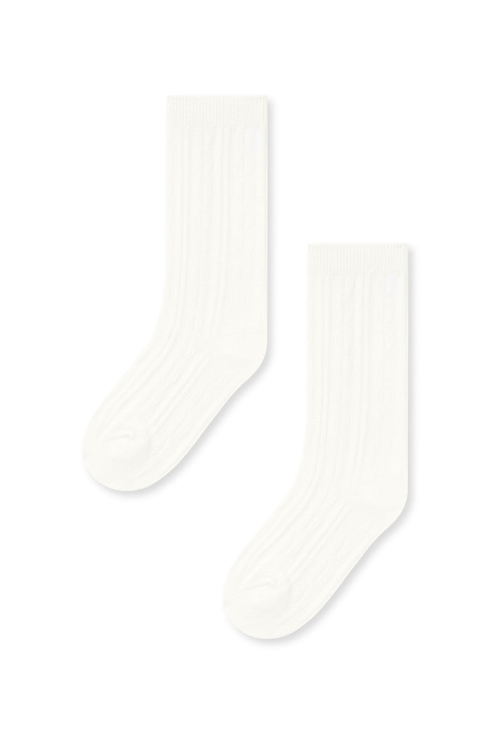 Knee high socks in cloud laying flat on a white background.