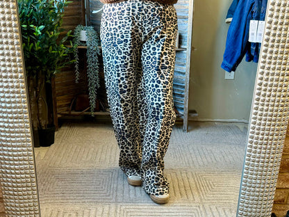 Leopard print cotton boxer sweatpants, mirror full-length view