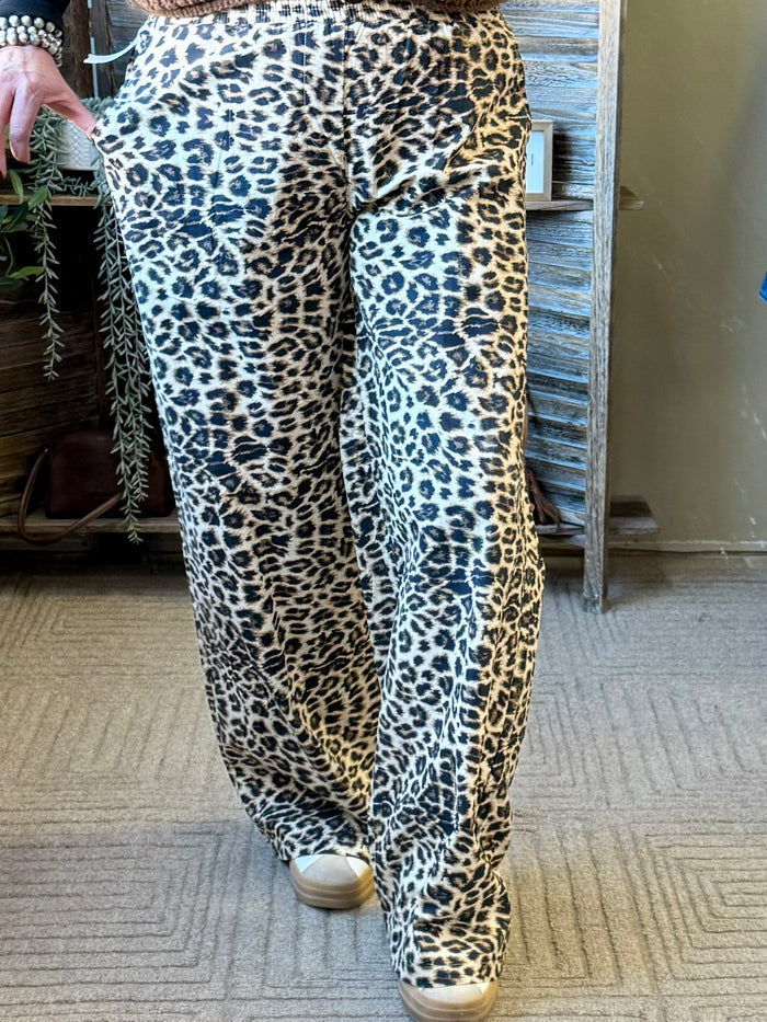 Leopard print cotton boxer sweatpants, front view with relaxed fit