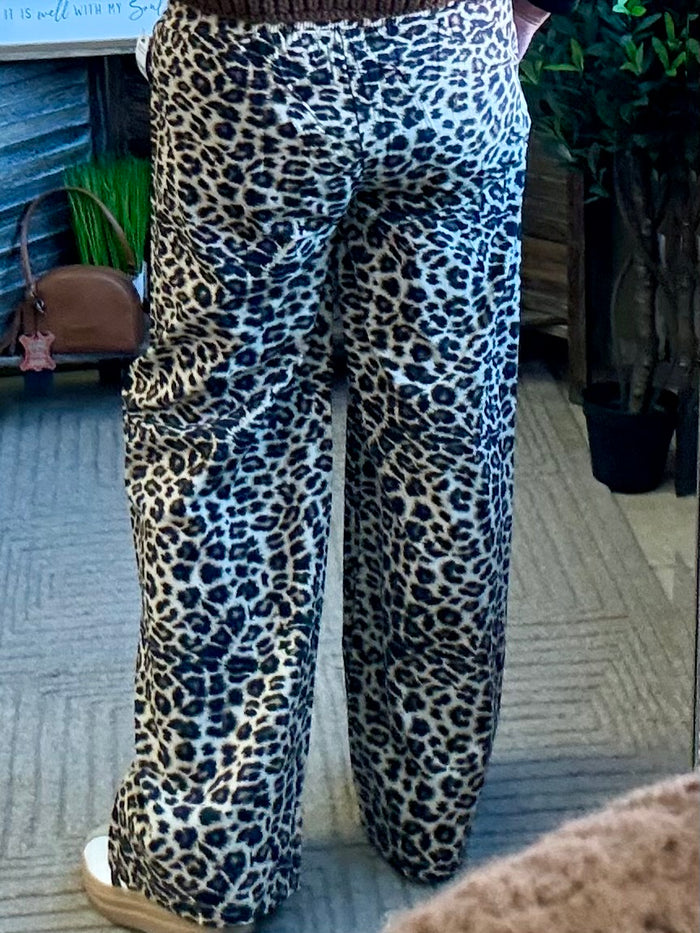 Leopard print cotton boxer sweatpants, wide-leg back view