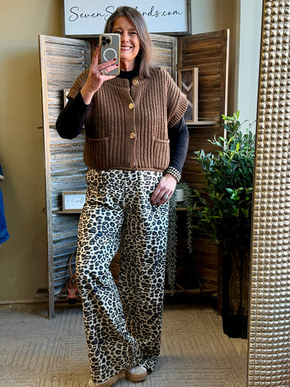 Leopard print cotton sweatpants with wide legs, full-length view