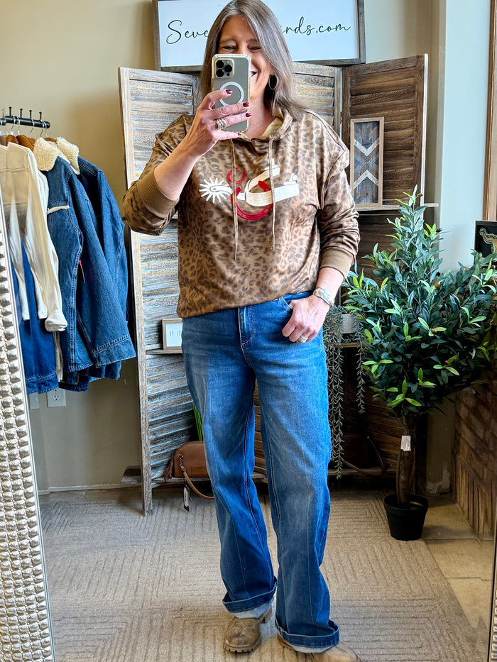 Leopard print hoodie sweatshirt with red spur graphic and kangaroo pocket, long sleeves