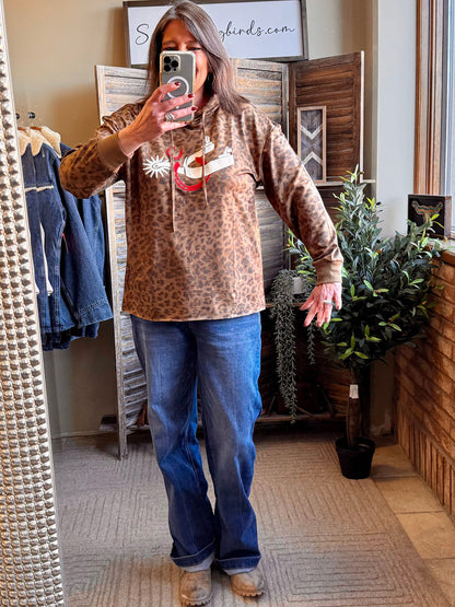 Leopard print hoodie sweatshirt with red spur graphic, kangaroo pocket, long sleeves