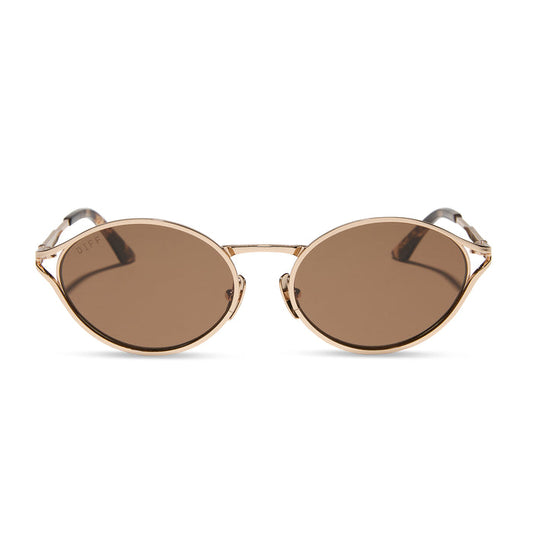 jessie james decker x diff eyewear featuring the limoncello oval sunglasses with a gold frame and brown lenses front view
