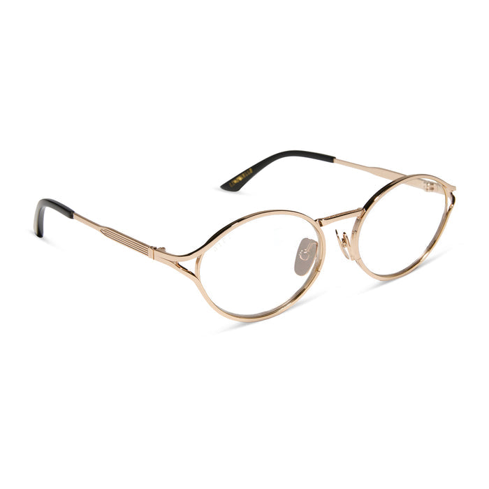 jessie james decker x diff eyewear featuring the limoncello oval prescription glasses with a gold frame angled view