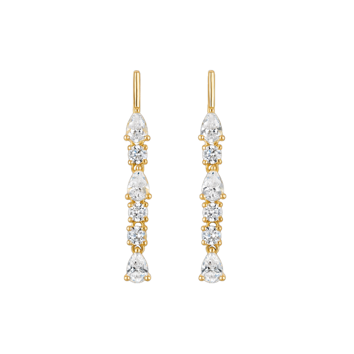 Linea Drip Earring - 14k vermeil bar stud with pear and circle lab gemstone drops on chain, 40mm