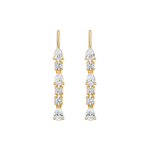 Linea Drip Earring - 14k vermeil bar stud with pear and circle lab gemstone drops on chain, 40mm