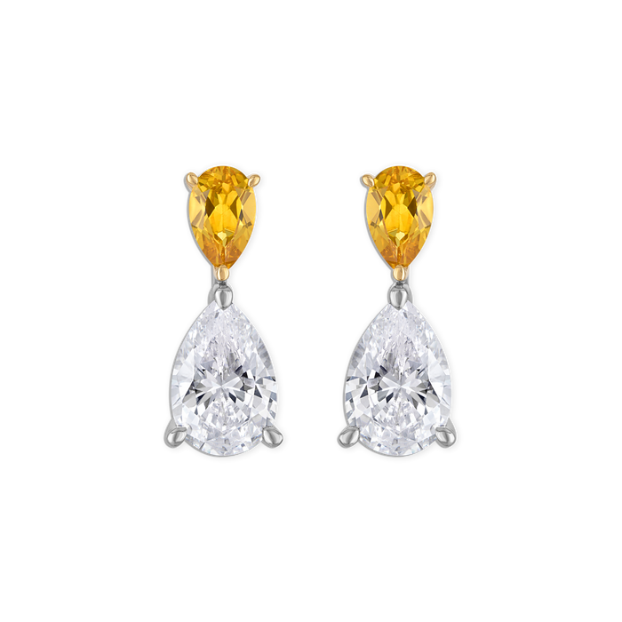 Linea Sun Earring - two tone double pear stud earring with deep yellow lab gemstone