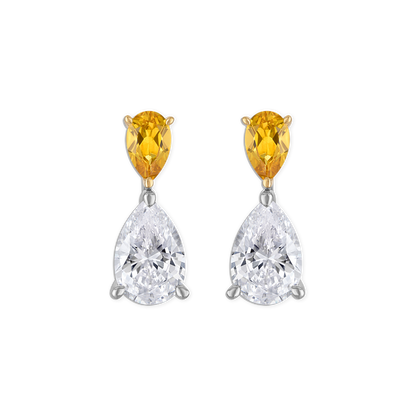 Linea Sun Earring - two tone double pear stud earring with deep yellow lab gemstone