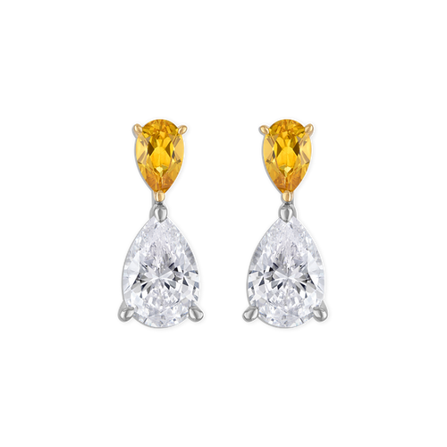 Linea Sun Earring - two tone double pear stud earring with deep yellow lab gemstone