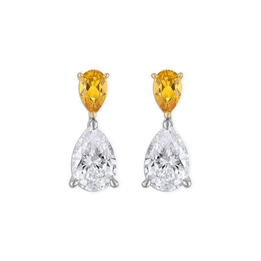 Linea Sun Earring - two tone double pear stud earring with deep yellow lab gemstone