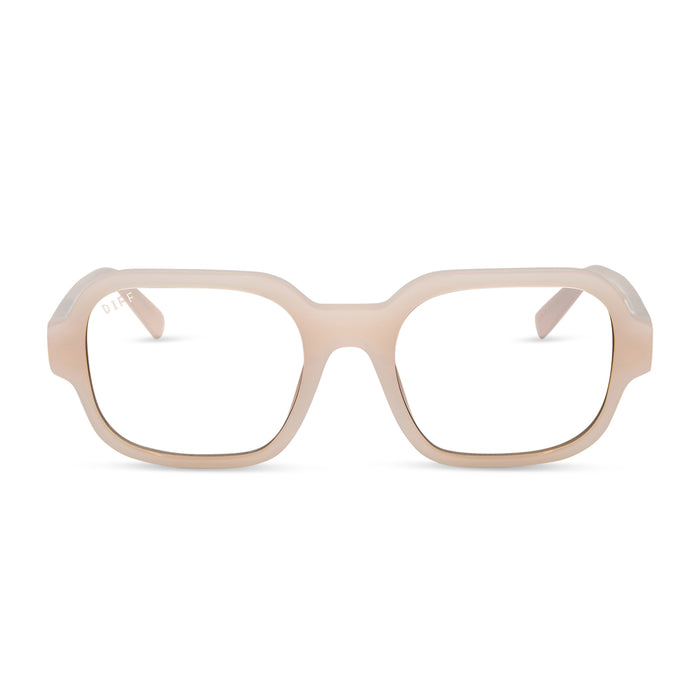 aspyn ovard x diff eyewear featuring the lola square prescription glasses with a milky blush frame front view