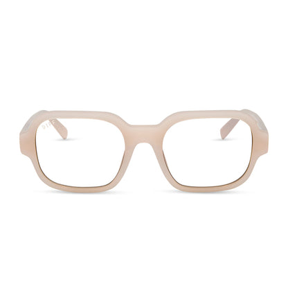 aspyn ovard x diff eyewear featuring the lola square prescription glasses with a milky blush frame front view