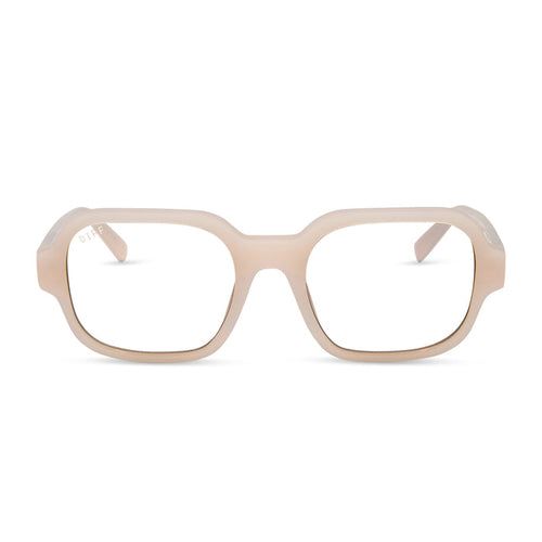 aspyn ovard x diff eyewear featuring the lola square prescription glasses with a milky blush frame front view