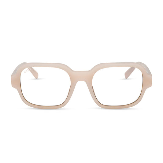 aspyn ovard x diff eyewear featuring the lola square prescription glasses with a milky blush frame front view