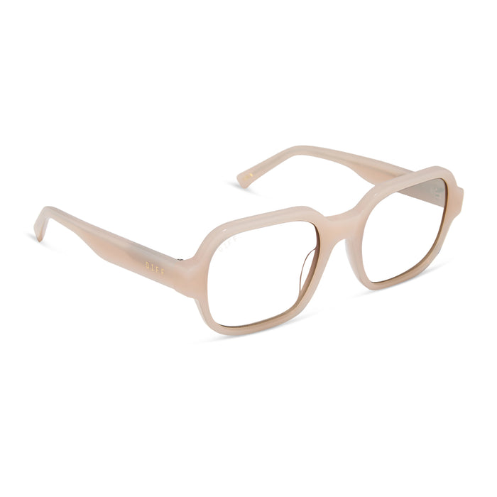 aspyn ovard x diff eyewear featuring the lola square prescription glasses with a milky blush frame angled view
