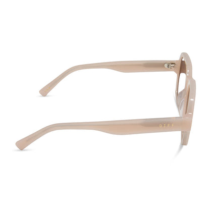 aspyn ovard x diff eyewear featuring the lola square prescription glasses with a milky blush frame side view