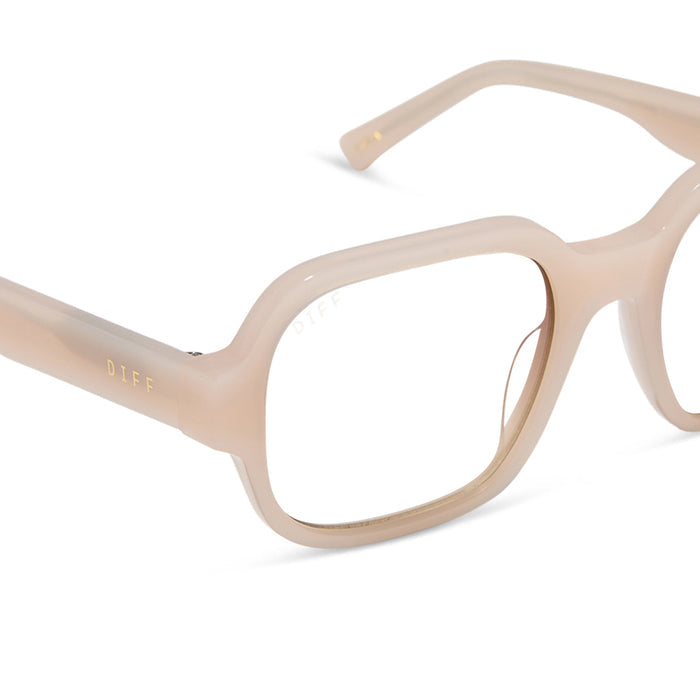 aspyn ovard x diff eyewear featuring the lola square prescription glasses with a milky blush frame detailed view