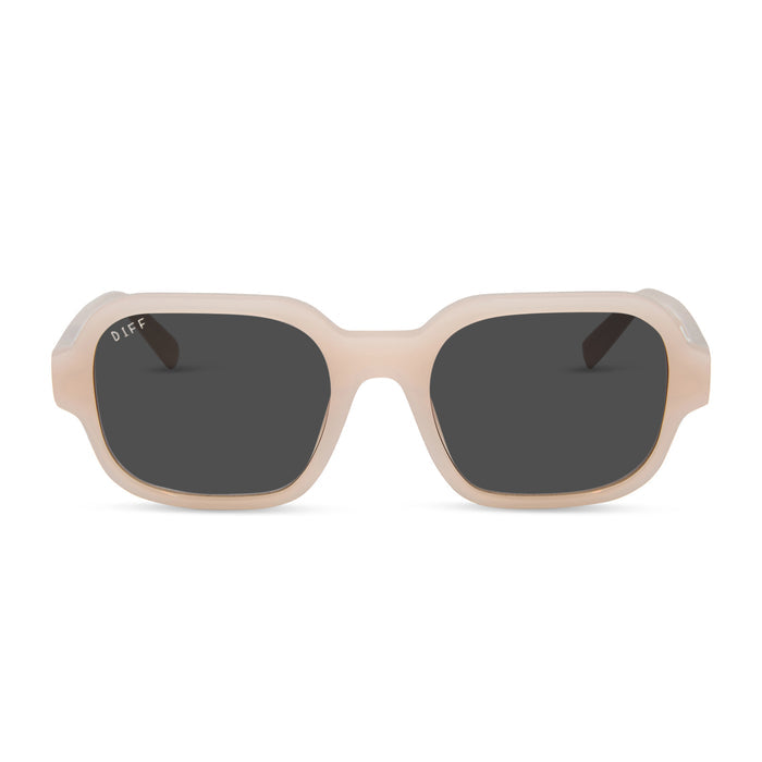 aspyn ovard x diff eyewear featuring the lola square prescription sunglasses with a milky blush frame front view