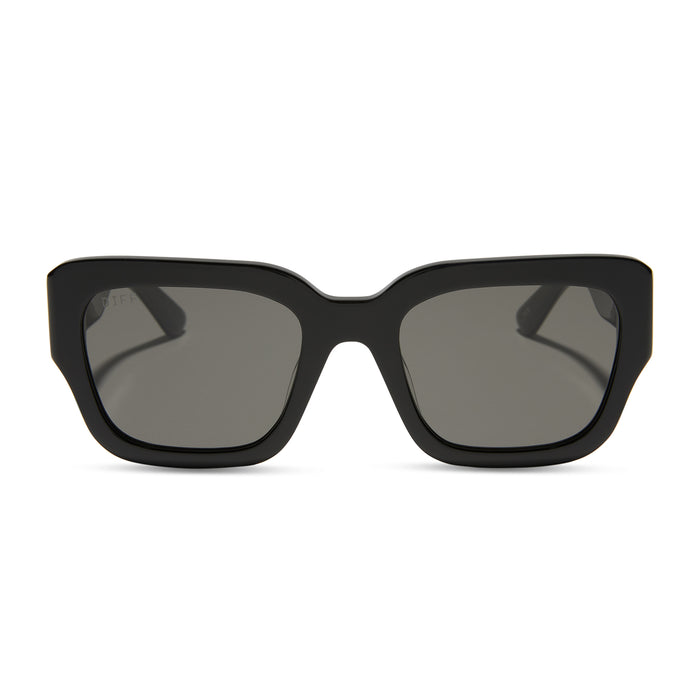 jessie james decker x diff eyewear featuring the loren square sunglasses with a black frame and grey lenses front view