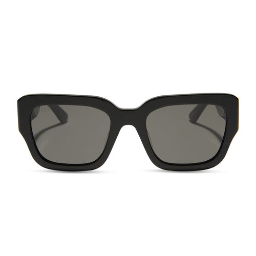 jessie james decker x diff eyewear featuring the loren square sunglasses with a black frame and grey lenses front view