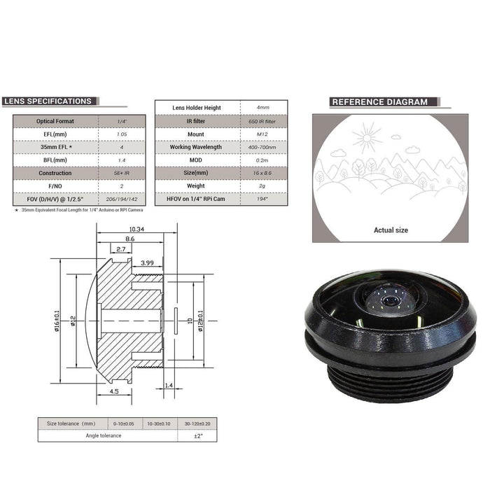 M12 Lens - 206-Degree (1/4" Optical Format, 1.05mm Focal Length) [Discontinued] by Arducam - The Pi Hut