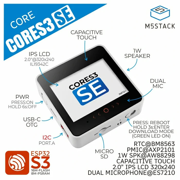 M5Stack CoreS3 SE IoT Controller without Battery Bottom - m5stack-store