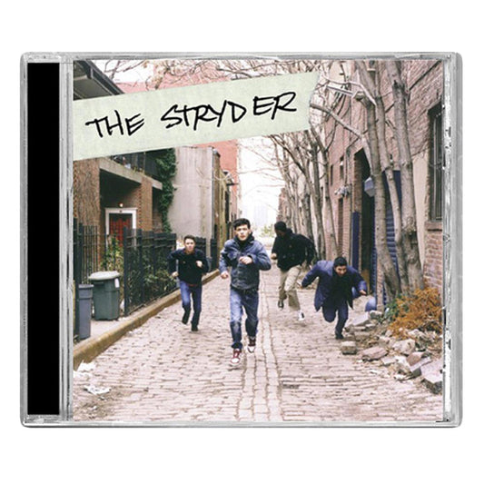 The Stryder’s debut CD cover depicts four people running down a cobblestone alley flanked by bare trees and brick buildings, with the brand name in bold black letters on a white strip at the top, reflecting their post-hardcore style.
