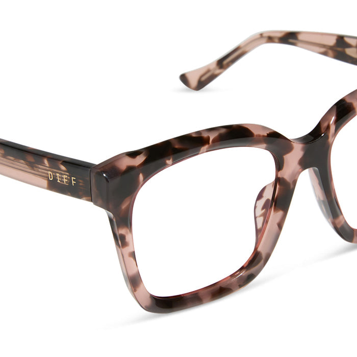diff eyewear meredith square prescription glasses with a himalayan tortoise frame detailed view