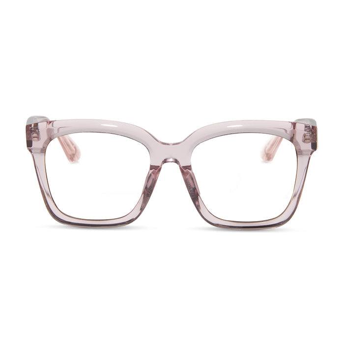 diff eyewear meredith square prescription glasses with a light pink crystal frame front view