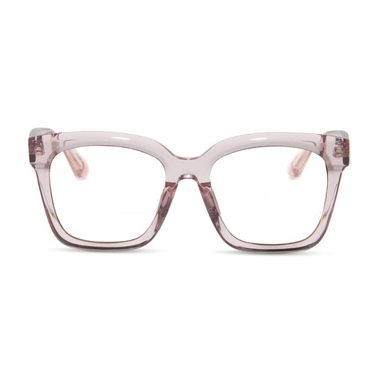 diff eyewear meredith square prescription glasses with a light pink crystal frame front view