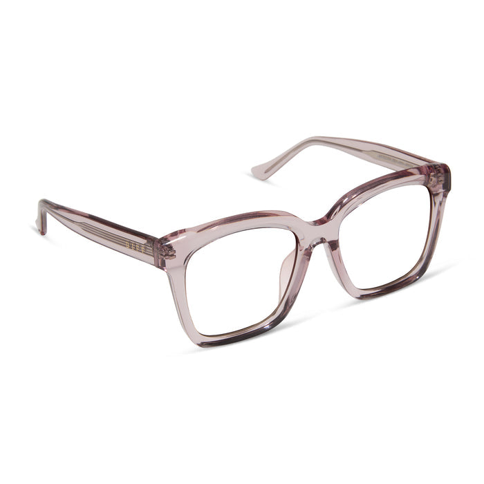 diff eyewear meredith square prescription glasses with a light pink crystal frame angled view
