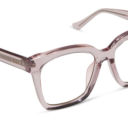 diff eyewear meredith square prescription glasses with a light pink crystal frame detailed view