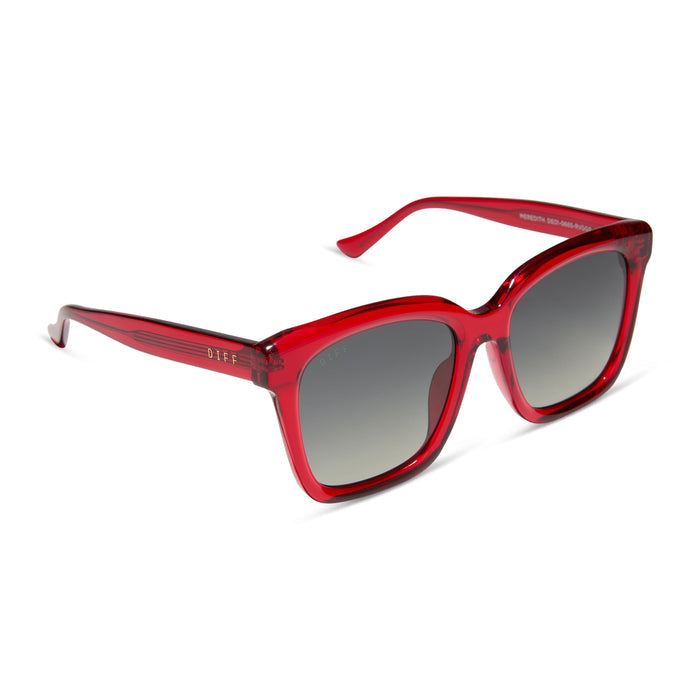 diff eyewear featuring the meredith square sunglasses with a red hot summer frame and grey gradient polarized lenses angled view