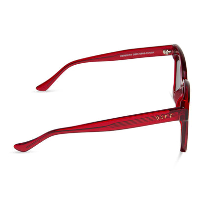 diff eyewear featuring the meredith square sunglasses with a red hot summer frame and grey gradient polarized lenses side view