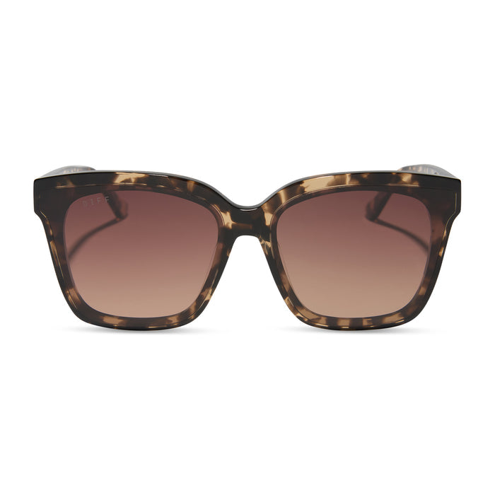 diff eyewear featuring the meredith ii square sunglasses with a espresso tortoise frame and brown gradient lenses front view