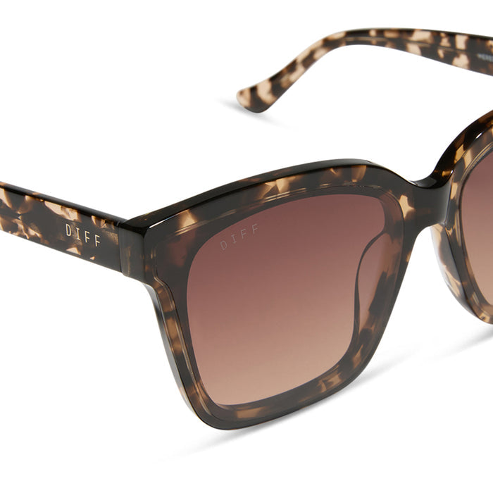 diff eyewear featuring the meredith ii square sunglasses with a espresso tortoise frame and brown gradient lenses detailed view