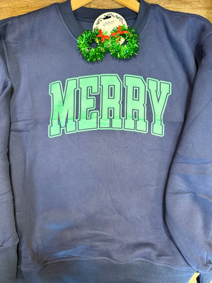 Navy sweatshirt with green 'MERRY' print and holiday wreath at collar