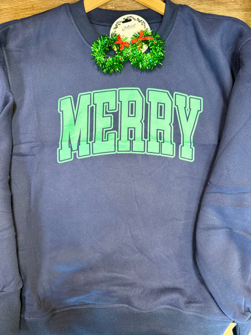 Navy sweatshirt with green 'MERRY' print and holiday wreath at collar