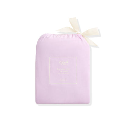 Purple drawstring bag with a white ribbon on a white background