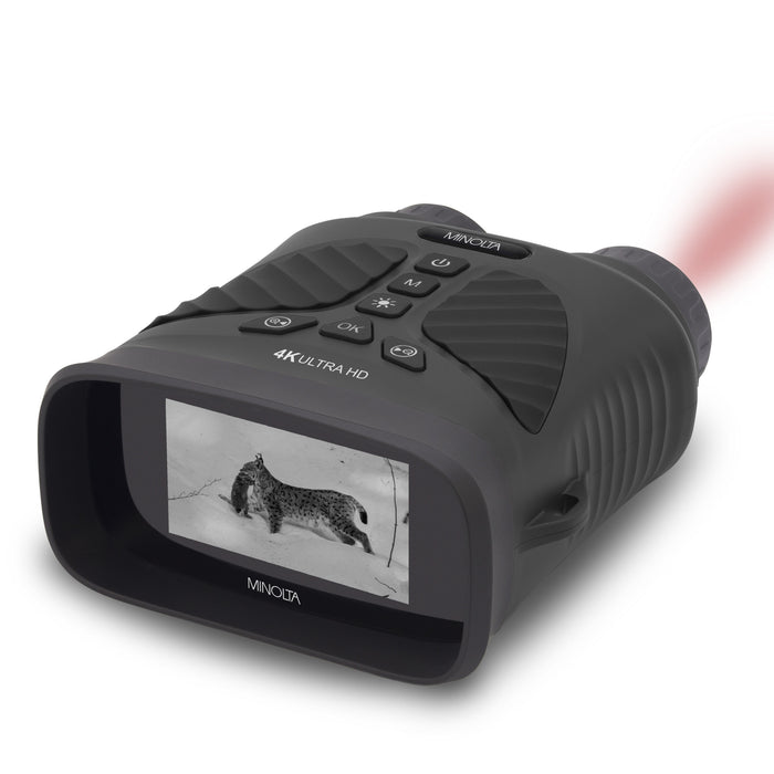 Black thermal imaging camera with screen displaying a thermal image on a white background