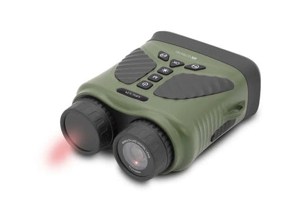 Green and black binoculars with digital display on a white background