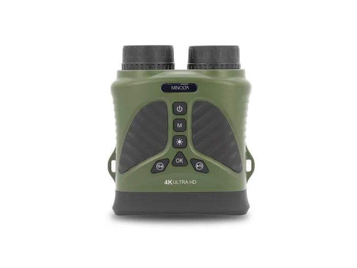 Green laser rangefinder with Minolta branding on a white background