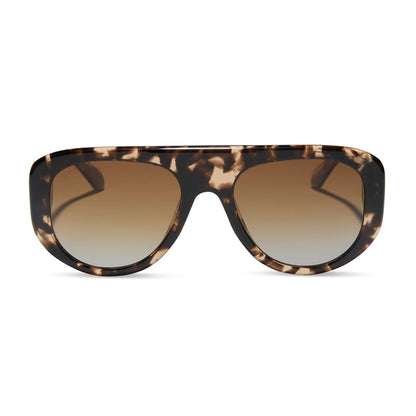 diff eyewear featuring the morgan shield sunglasses with a espresso tortoise frame and brown gradient polarized lenses front view