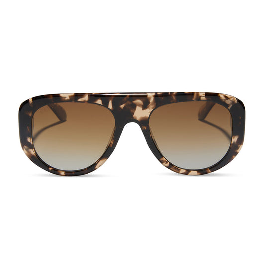 diff eyewear featuring the morgan shield sunglasses with a espresso tortoise frame and brown gradient polarized lenses front view