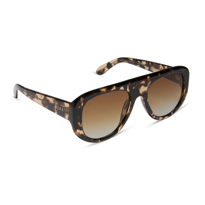 diff eyewear featuring the morgan shield sunglasses with a espresso tortoise frame and brown gradient polarized lenses angled view