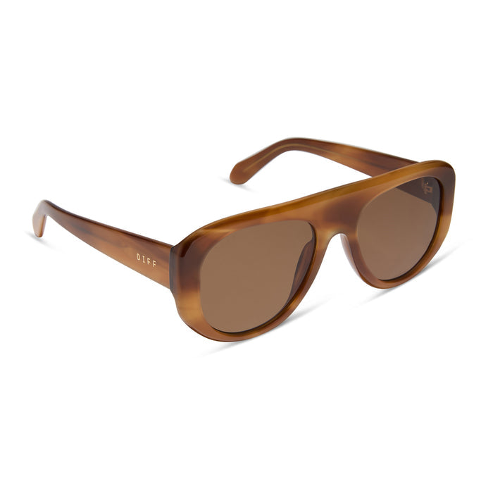 diff eyewear featuring the morgan shield sunglasses with a tawny tortoise frame and brown lenses angled view